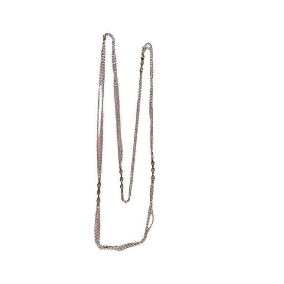 Vintage 55" Three Strand Beaded Necklace Silver Tone Chain Champagne Beads - Picture 2 of 13
